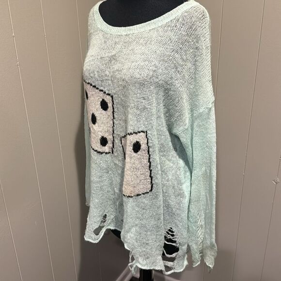 Wildfox White Label mint dice graphic lightweight shredded hem sweater. Small. - Picture 5 of 10